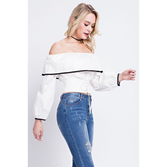 Women's Super Cute Comfy Off Shoulder Top With Contrast Detail Linning & Corset - Picture 3 of 10